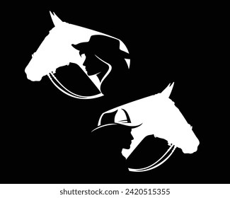 beautiful cowgirl with long hair and cowboy man wearing hat and horse head black and white vector silhouette design set