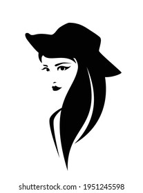beautiful cowgirl with long hair wearing traditional cowboy hat - woman head black and white vector portrait