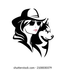 beautiful cowgirl with long hair wearing sunglasses and traditional cowboy hat with her pet dog - woman and animal head vector portrait