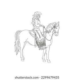 Hermosa vaquera a caballo. Ilustración del vector lineal aislada en blanco. 