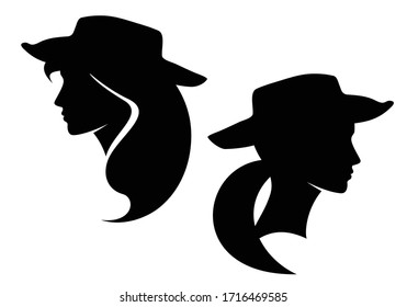 hermosa cabeza de perfil de vaquera con sombrero de vaquero - retrato de silueta vectorial en blanco y negro de mujer