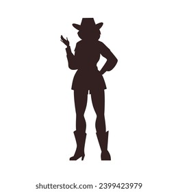 Beautiful cowgirl raised her hand black silhouette. American retro western rodeo girl vector outline illustration. Vintage swag cowgirl fashion. Woman dressed in wild west style