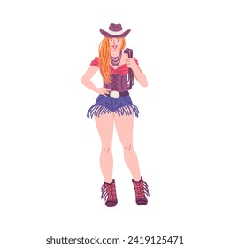 Beautiful cowgirl with rope in hand. Vintage swag cowgirl. Ginger woman dressed in retro wild west style hat and boots, fringed denim shorts. American western rodeo girl vector illustration