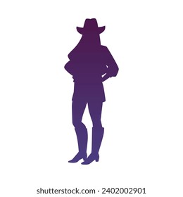 Beautiful cowgirl silhouette. American western rodeo woman vector outline illustration. Lady dressed in retro wild west style boots, hat, shirt and denim skirt. Vintage swag cowgirl