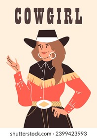 Beautiful cowgirl vector poster. Vintage swag cowgirl. Woman dressed in retro wild west style hat and shirt and wide trousers. American western rodeo girl portrait