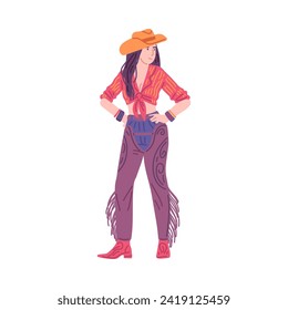 Beautiful cowgirl, vintage swag cowgirl vector illustration. Brunette woman dressed in retro wild west style hat and boots, shirt and trousers with fringe. American western rodeo girl