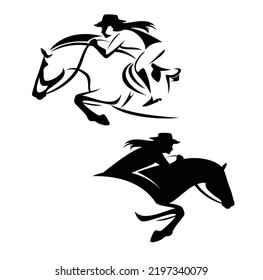 Beautiful Cowgirl Wearing Cowboy Hat Riding Jumping Forward Horse - Black And White Vector Wild West Style Design Set