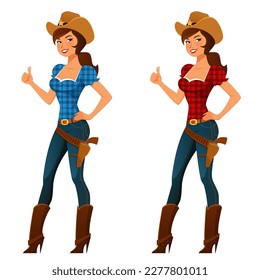 beautiful cowgirl wearing jeans, smiling and giving thumbs up. Attractive pin-up girl in cowboy hat. Retro style illustration of a rancher or rodeo woman. Cartoon character. Vector eps file.