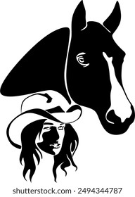 Beautiful cowgirl woman in cowboy hat with wild mustang horse head vector outline. Manual work without artificial intelligence