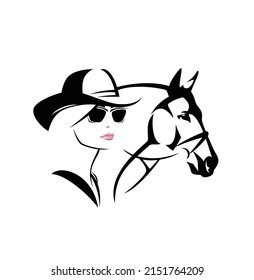 beautiful cowgirl woman wearing cowboy hat and sunglasses by bridled horse head vector outline portrait