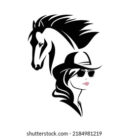 beautiful cowgirl woman wearing cowboy hat and sunglasses with wild mustang horse head vector outline portrait