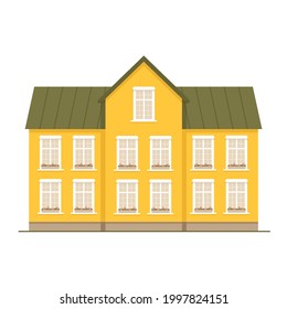 Beautiful, cozy, large two-story house with triangular roof, isolated on white background. Flowers on the windows. Urban architecture. Suburban real estate, housing. Vector illustration in flat style