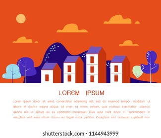 Beautiful Cozy town, row of houses by the hill with trees, nature landscape,village countryside scene, real estate development, modern flat design vector illustration