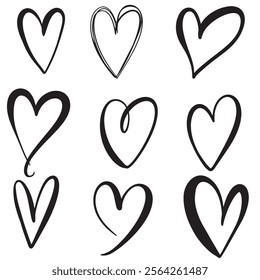 A beautiful crafted set of nine unique, handdrawn,heart illustration,featuring diverse styles and textures,perfect for romantic designs.personalized projects,greeting cards and creative decorations. 