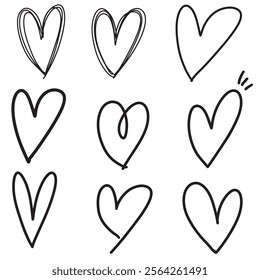 A beautiful crafted set of nine unique, handdrawn,heart illustration,featuring diverse styles and textures,perfect for romantic designs.personalized projects,greeting cards and creative decorations. 