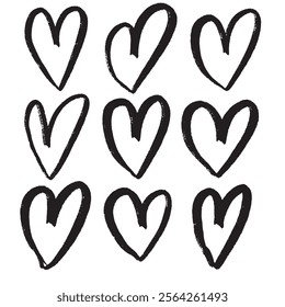 A beautiful crafted set of nine unique, handdrawn,heart illustration,featuring diverse styles and textures,perfect for romantic designs.personalized projects,greeting cards and creative decorations. 