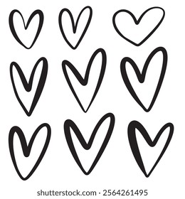 A beautiful crafted set of nine unique, handdrawn,heart illustration,featuring diverse styles and textures,perfect for romantic designs.personalized projects,greeting cards and creative decorations. 