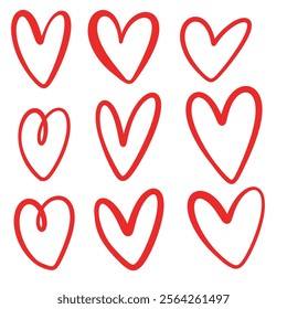 A beautiful crafted set of nine unique, handdrawn,heart illustration,featuring diverse styles and textures,perfect for romantic designs.personalized projects,greeting cards and creative decorations. 