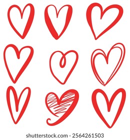 A beautiful crafted set of nine unique, handdrawn,heart illustration,featuring diverse styles and textures,perfect for romantic designs.personalized projects,greeting cards and creative decorations. 
