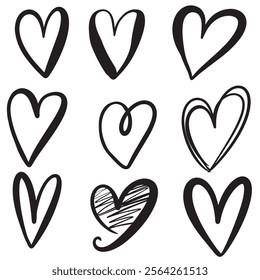 A beautiful crafted set of nine unique, handdrawn,heart illustration,featuring diverse styles and textures,perfect for romantic designs.personalized projects,greeting cards and creative decorations. 