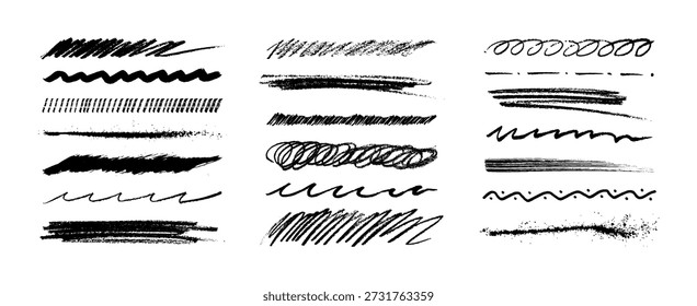 Beautiful Crayon Brushes, Rough Underlines, and Hand-Drawn Line Strokes Set. Set of rough charcoal and crayon underlines, straight strokes, squiggles, and scribbles. Vector graphic highlighter set.