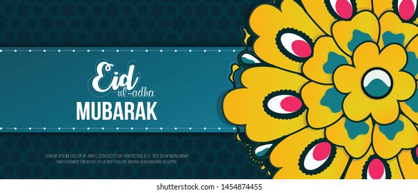 Beautiful creative arabesque pattern greeting card designs. eid mubarak designs text with floral yellow color flower designs in paper art style