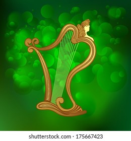 beautiful creative background - St Patrick's Day with Harp and Green Clovers 