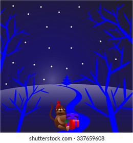 Beautiful creative colorful new year winter holiday wallpaper vector illustration greeting card of one brown monkey in red hat holding present box with merry christmas text on blue night background