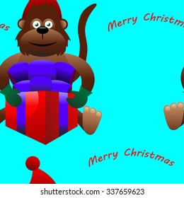 Beautiful creative colorful new year winter holiday seamless wallpaper vector greeting illustration of one brown monkey in red hat holding present box with merry christmas text on blue background