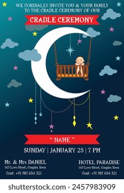 Beautiful and creative cradle ceremony invitation card design in night and moon theme with a cute baby in the cradle.