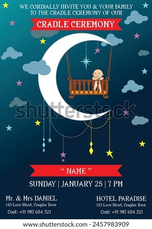 Beautiful and creative cradle ceremony invitation card design in night and moon theme with a cute baby in the cradle.