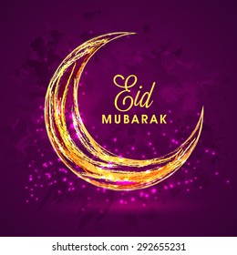 Beautiful creative crescent moon on shiny grungy purple background for holy festival of Muslim community, Eid Mubarak celebration.