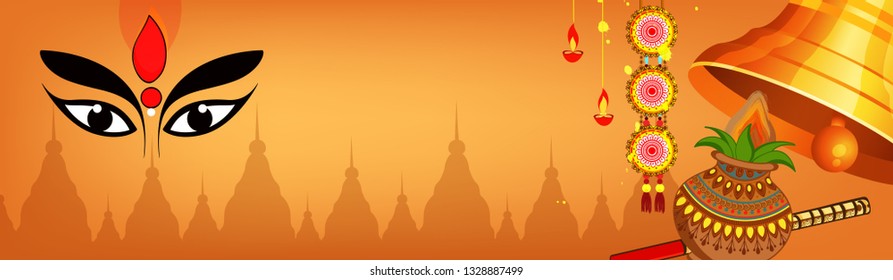 Beautiful and Creative face of Maa Durga or Devi Durga on colorful decorative festival background on the occassion of Durga Puja or chaitra Navratri Festival.