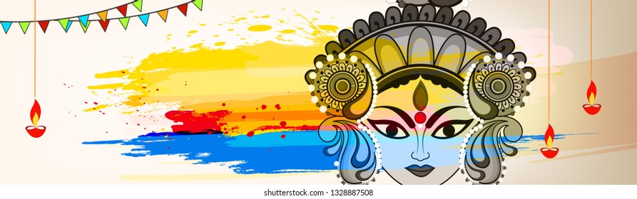 Beautiful and Creative face of Maa Durga or Devi Durga on colorful decorative festival background on the occassion of Durga Puja or chaitra Navratri Festival.