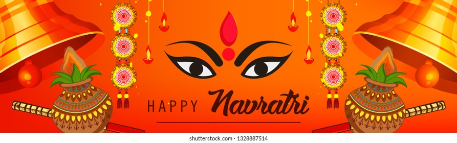 Beautiful and Creative face of Maa Durga or Devi Durga on colorful decorative festival background on the occassion of Durga Puja or chaitra Navratri Festival.