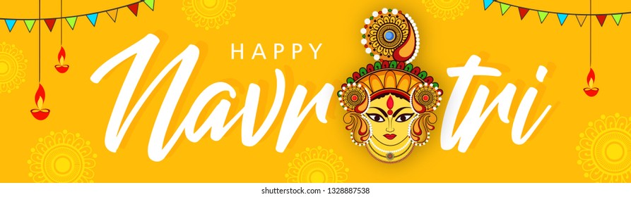 Beautiful and Creative face of Maa Durga or Devi Durga on colorful decorative festival background on the occassion of Durga Puja or chaitra Navratri Festival.