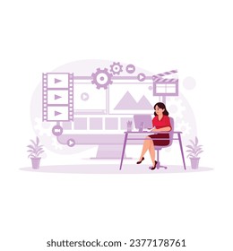  Beautiful and Creative Female Video Editor Works with Footage on Her Personal Computer with a Big Screen. Video Editor concept. trend modern vector flat illustration