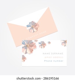 Beautiful Creative Feminine Business Card Template Mockup With Low Polygon Spring Flower Decorations. Suitable For Wedding Planners Or Florist Owners