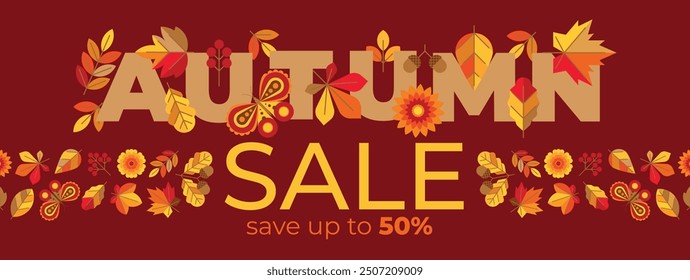 Beautiful creative floral background of autumnal sale with lettering, colorful leaves, butterfly and flower. Bright eye-catching banner with composition of letters and leaves. Flyer, label, tag 