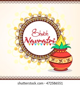 Beautiful & Creative Floral Frame with Stylish text and Kalash on decorative background on the occassion of Subh Navratri.