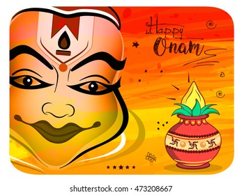 Beautiful & Creative Greeting Card Design based on Line Art with Kalash & Kathakali Face on Grungy decorative backgrond for South Indian Festival Onam.