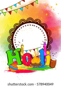 Beautiful and Creative Holi text with Colors, Splashes, Dholak, Pichkari and Floral Frame on  colorful decorative background for Hindu Festival Holi.