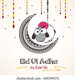 Hermosa y creativa línea de arte basada en la Ilustración de luna floral con oveja colgada y texto elegante sobre los antecedentes decorativos del Festival Musulmán Bakra Eid.