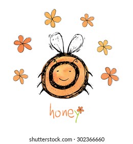Beautiful, creative and nice bright yellow, orange bee with flowers for card on white background Vector illustration eps 10