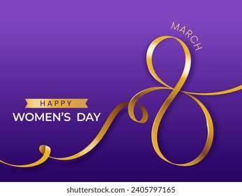 Beautiful Creative Number of Eight Made By Golden Ribbon for 8th March, Happy Women's Day Celebration Concept.