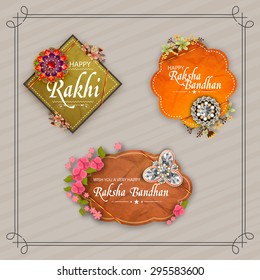 Beautiful creative rakhi and flowers decorated sticker, tag or label design on stylish background for Indian festival, Raksha Bandhan celebration. 