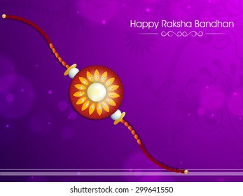 Beautiful creative rakhi on floral design decorated purple background for Indian festival, Raksha Bandhan celebration.