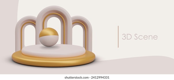 Hermosa escena creativa con esferas en tonos beige y oro
