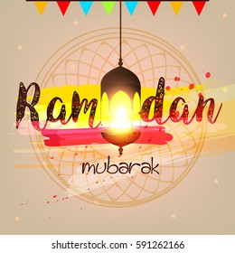 Beautiful and Creative text of Ramadan Mubarak with shiny Lantern on colorful grungy texture background on the occasion of Muslim's Holy Month Ramadan Kareem.