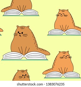 Beautiful creative textiles. Image of original kittens. A pet is reading a book and smiling. Wallpaper and background for a beautiful children's room. Vector illustration.